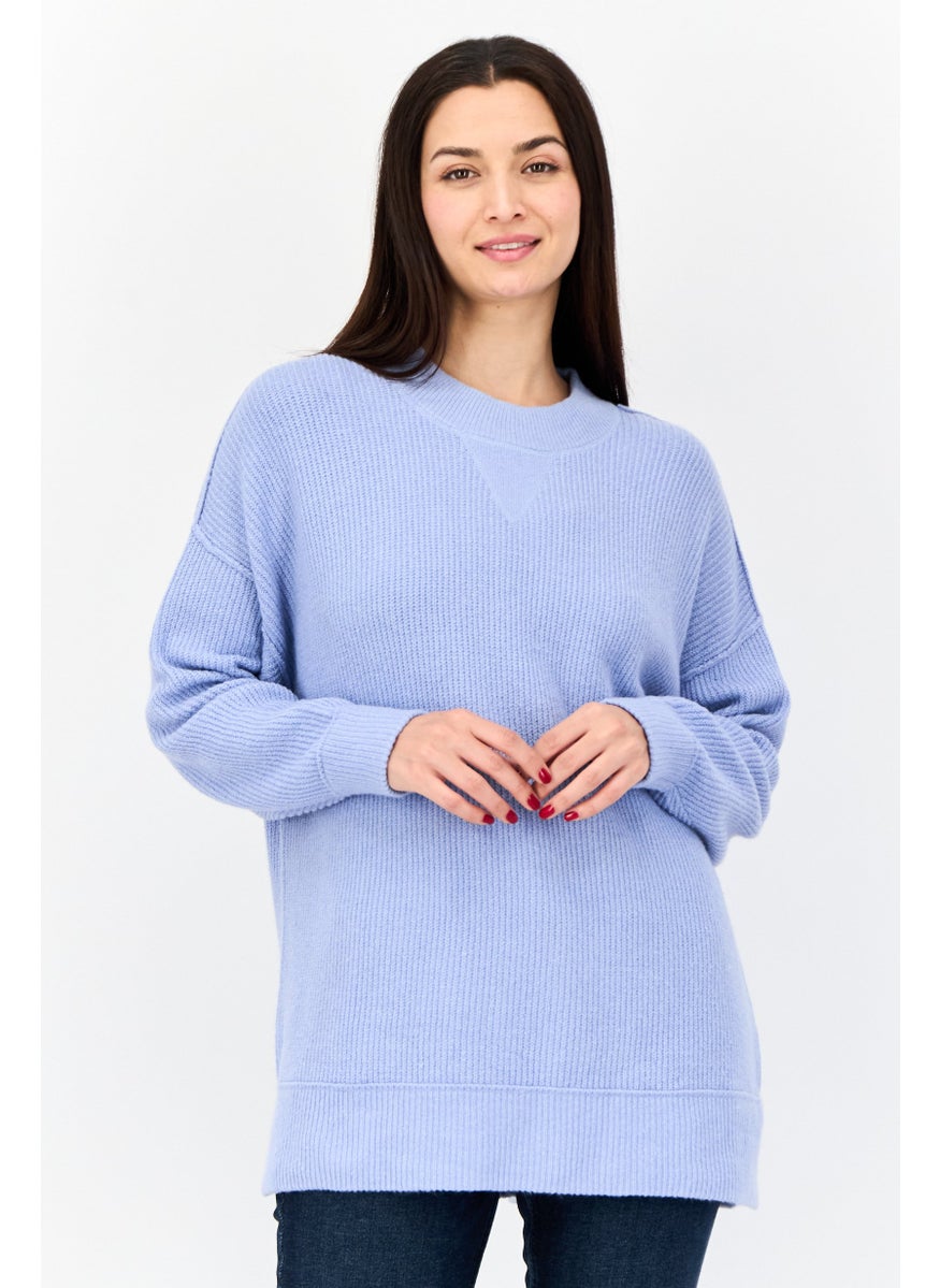 Women Crew Neck Knitted Sweater, Blue