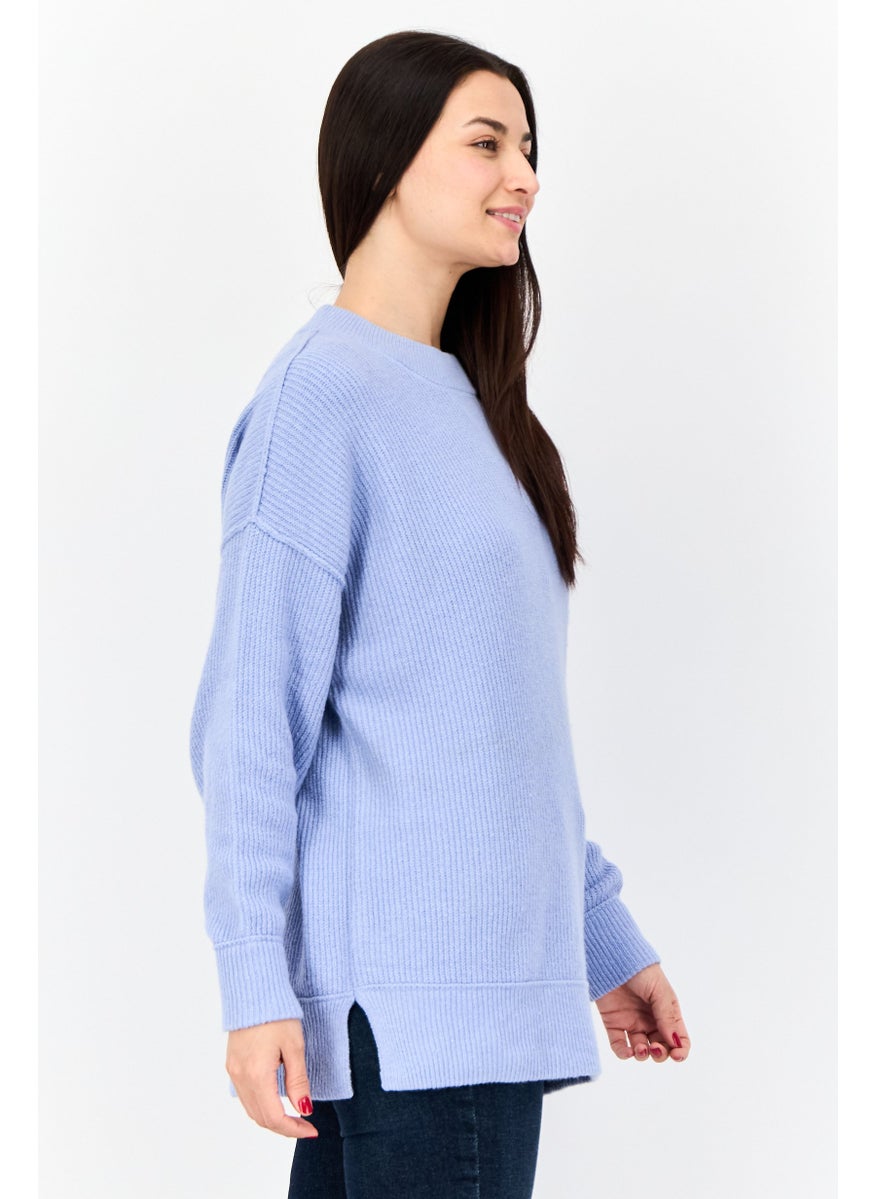 Women Crew Neck Knitted Sweater, Blue