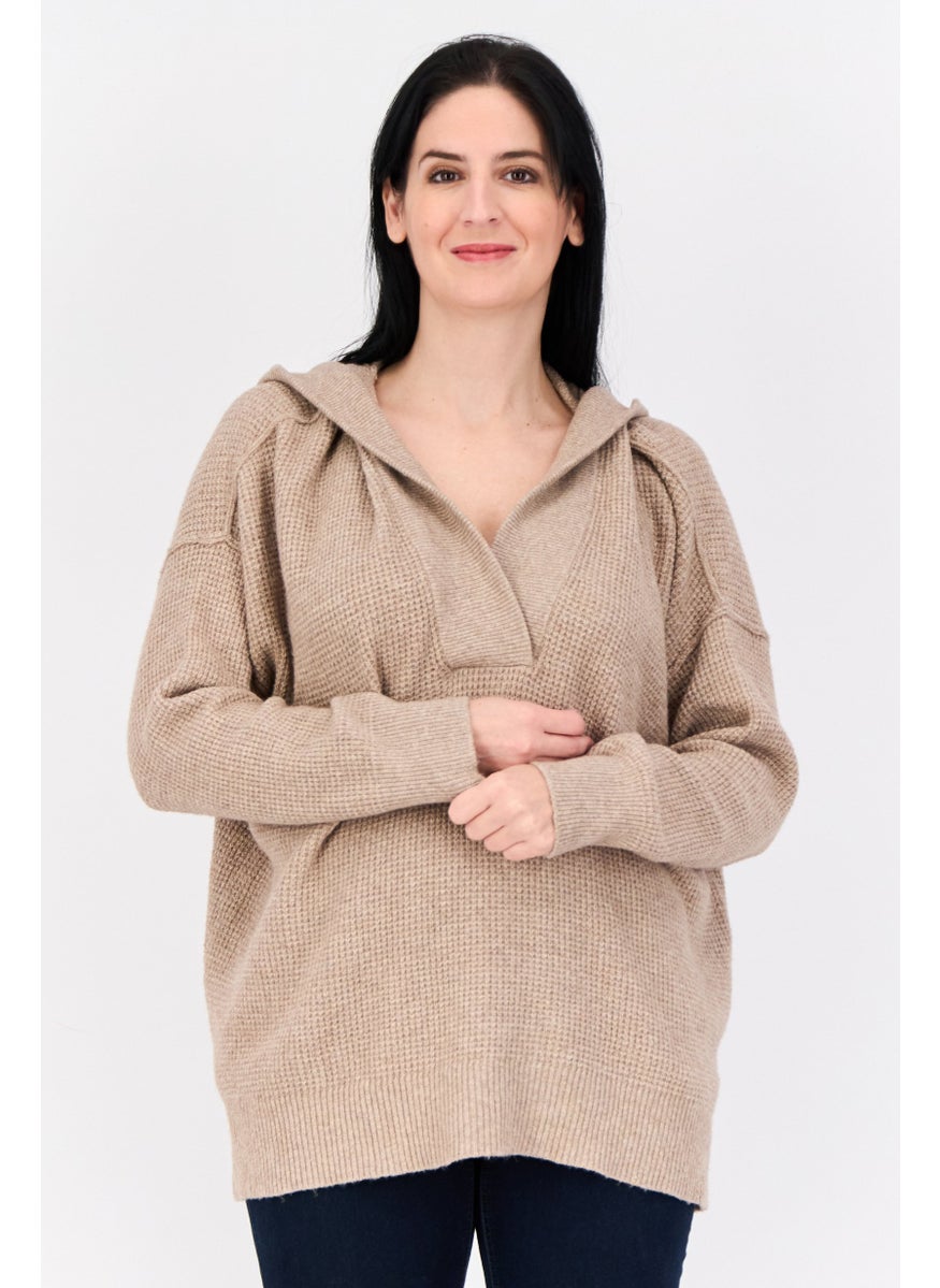 Women Hooded Textured Sweater, Taupe
