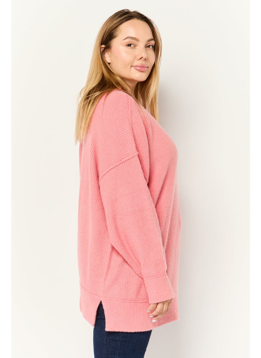 Women Ribbed Collar Crochet Sweater, Pink