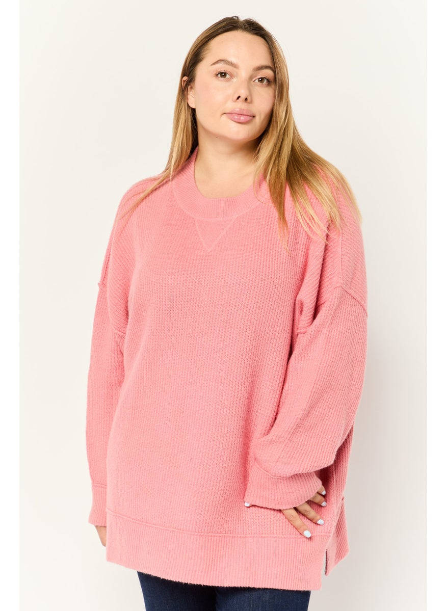 Women Ribbed Collar Crochet Sweater, Pink