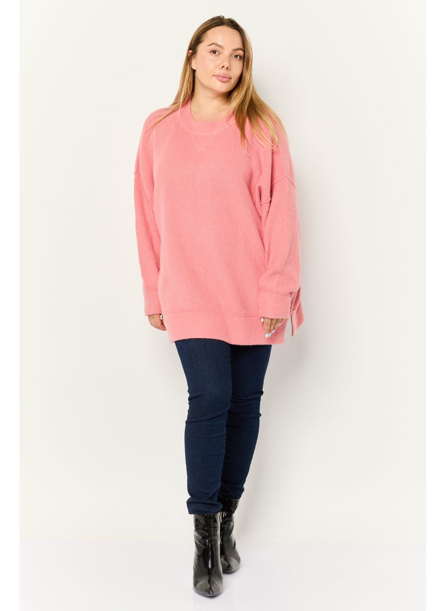 Women Ribbed Collar Crochet Sweater, Pink