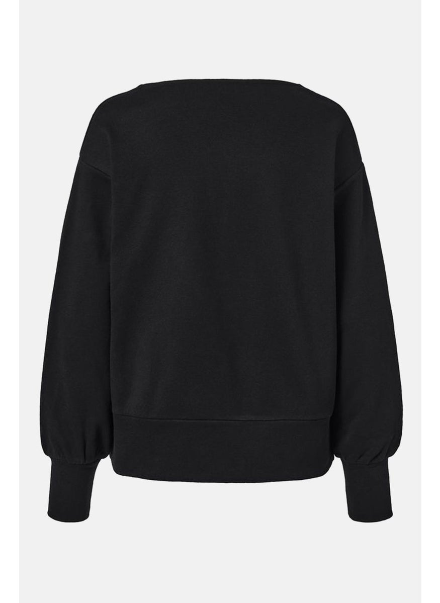 Women Split Neck Plain Sweatshirt, Black