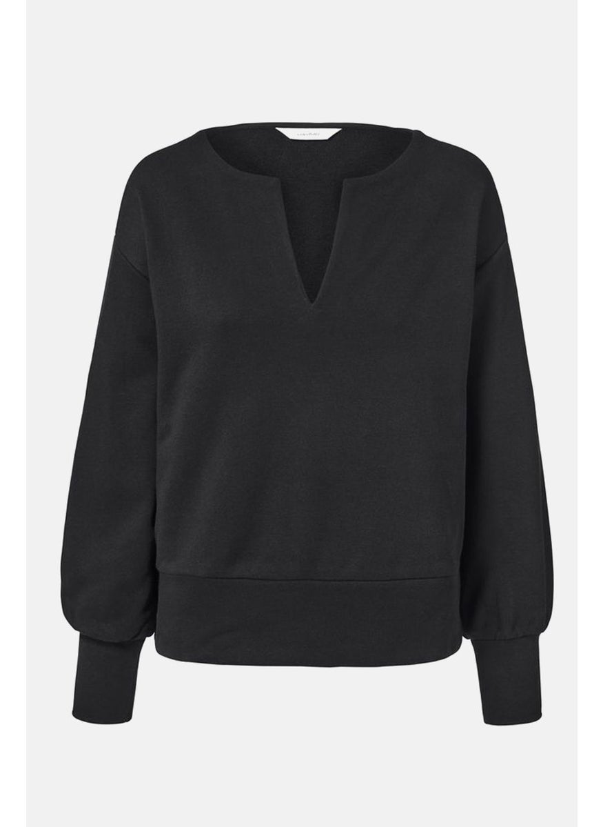 Women Split Neck Plain Sweatshirt, Black