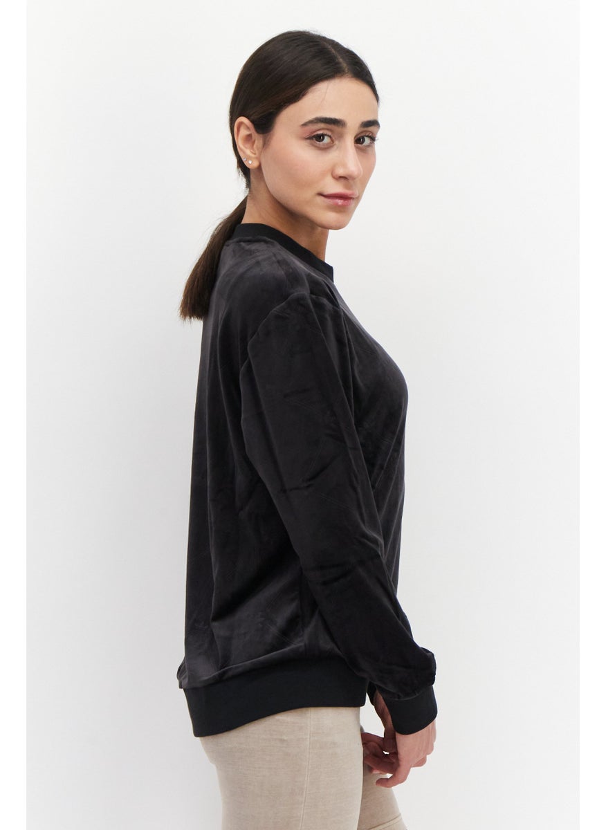 Women Sportswear Fit Round Neck Long Sleeve Outdoor Sweater, Black