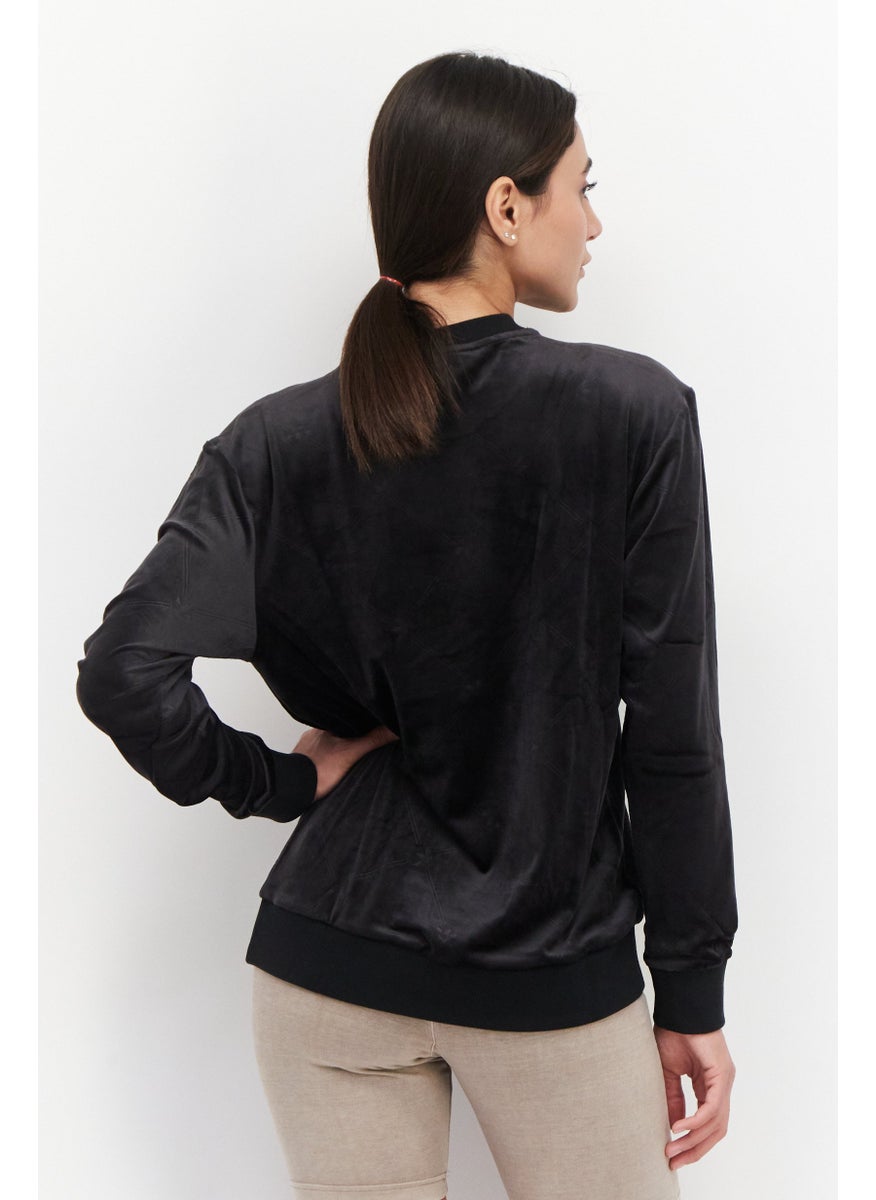 Women Sportswear Fit Round Neck Long Sleeve Outdoor Sweater, Black
