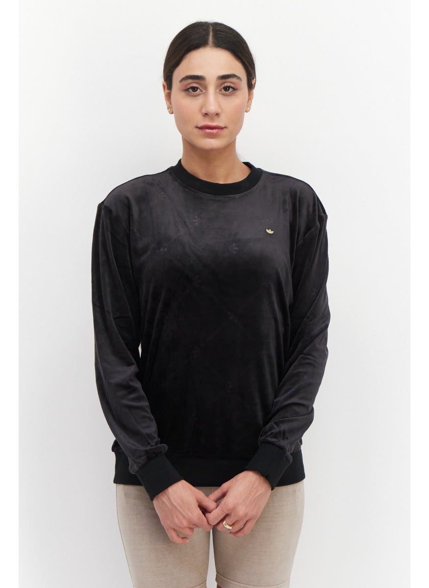 Women Sportswear Fit Round Neck Long Sleeve Outdoor Sweater, Black