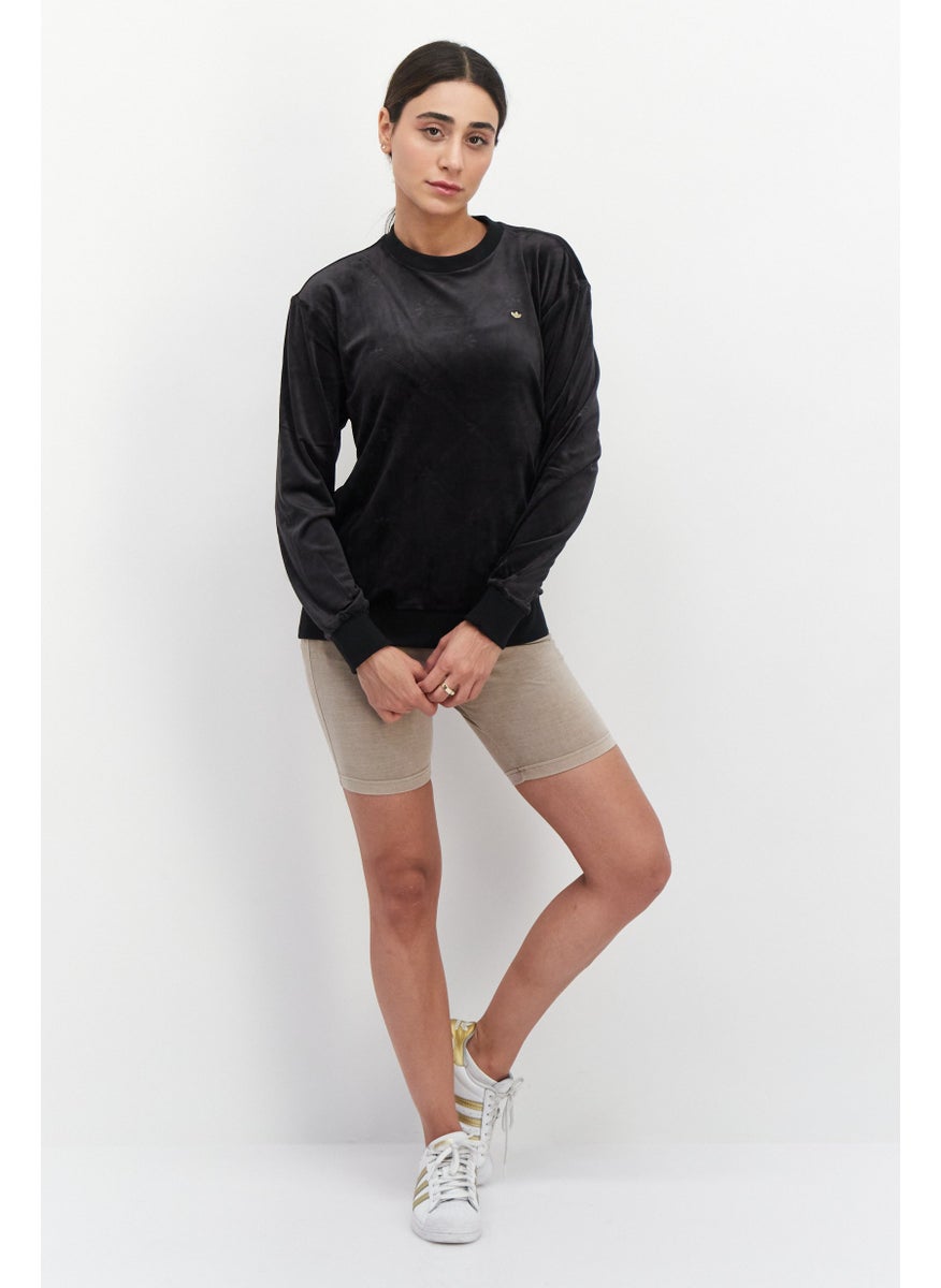 Women Sportswear Fit Round Neck Long Sleeve Outdoor Sweater, Black