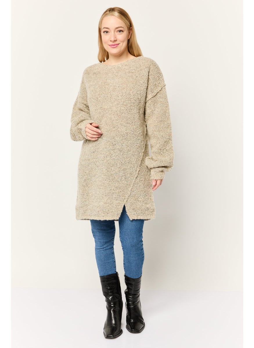 Women Boat Neck Knitted Sweater, Metallic Beige