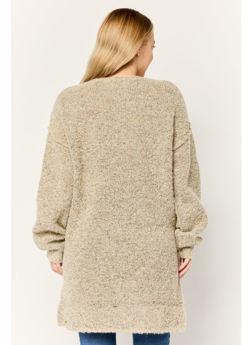 Women Boat Neck Knitted Sweater, Metallic Beige