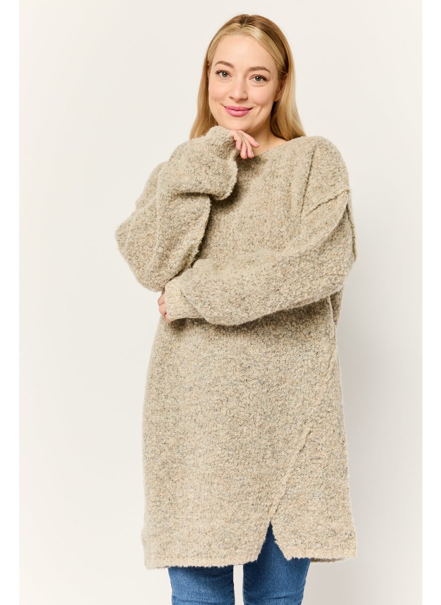 Women Boat Neck Knitted Sweater, Metallic Beige