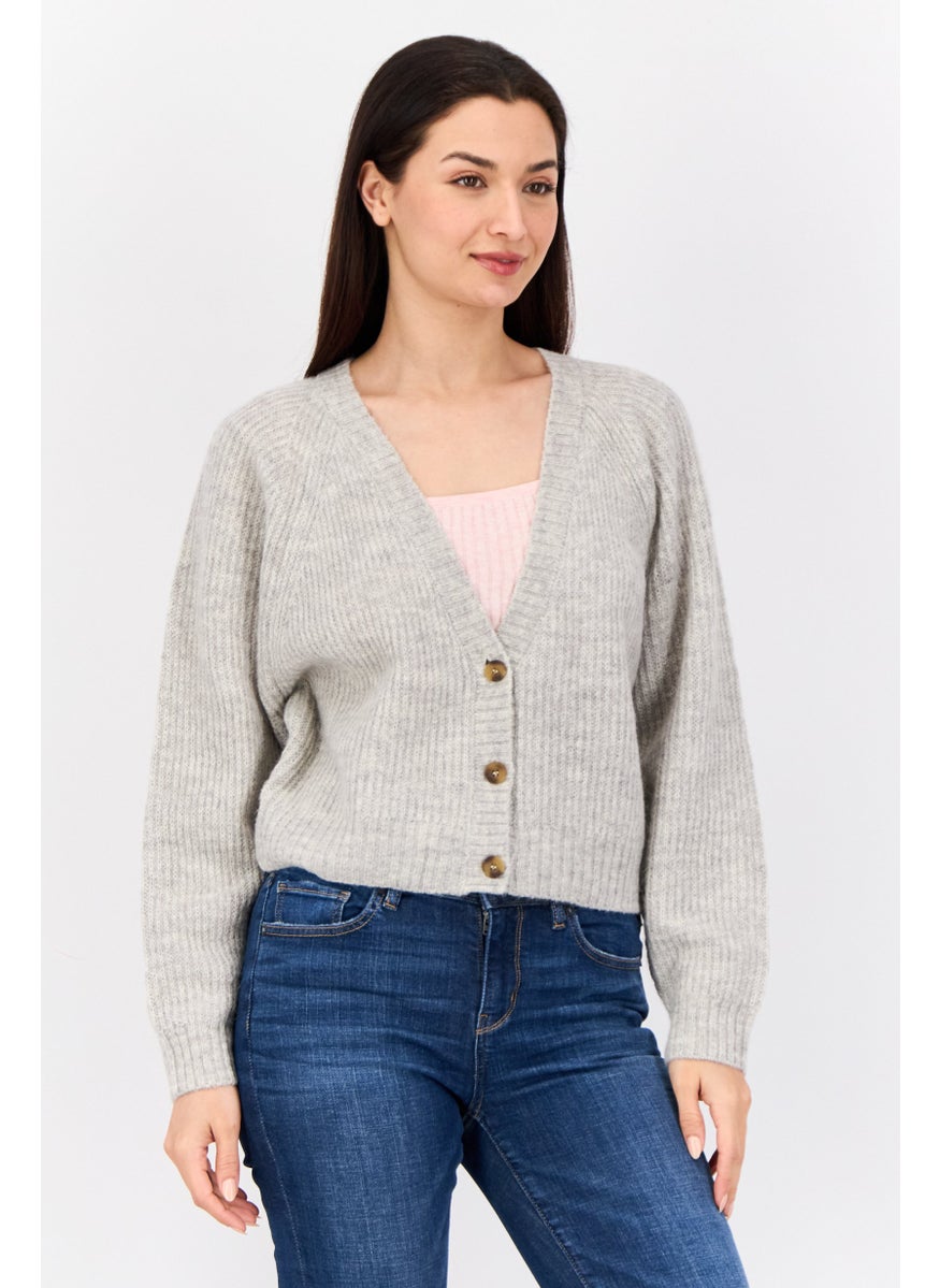 Women V Neck Knitted Cropped Cardigan, Grey