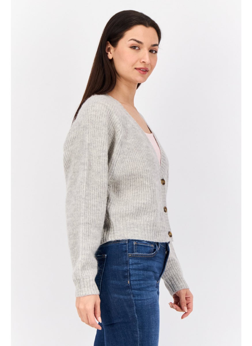 Women V Neck Knitted Cropped Cardigan, Grey