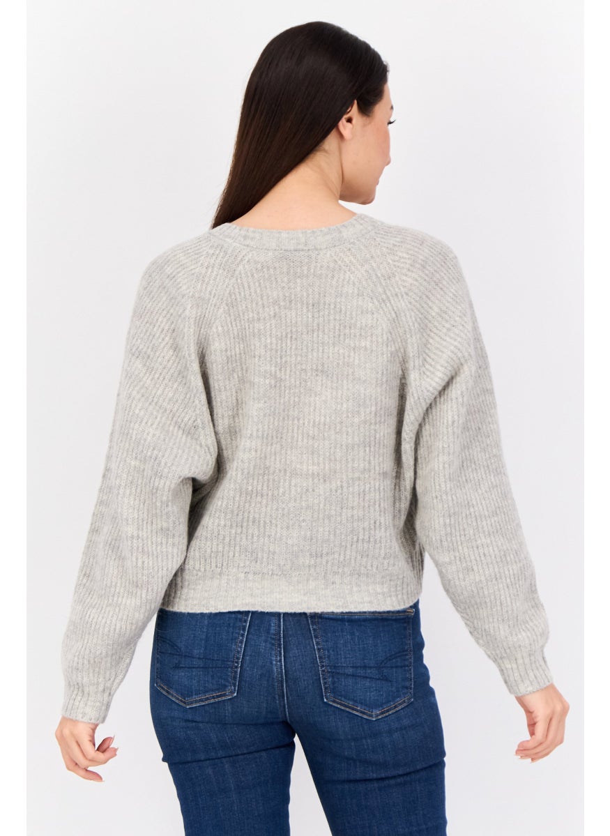 Women V Neck Knitted Cropped Cardigan, Grey