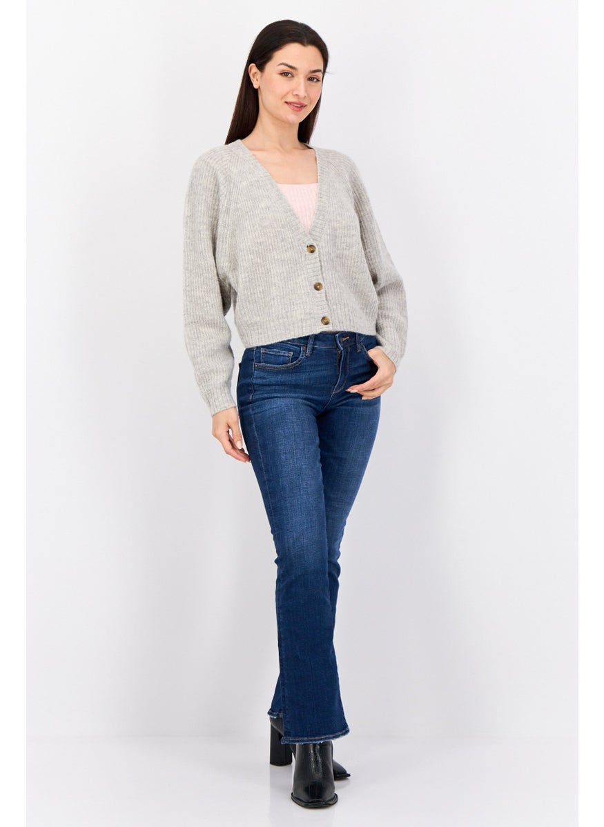 Women V Neck Knitted Cropped Cardigan, Grey