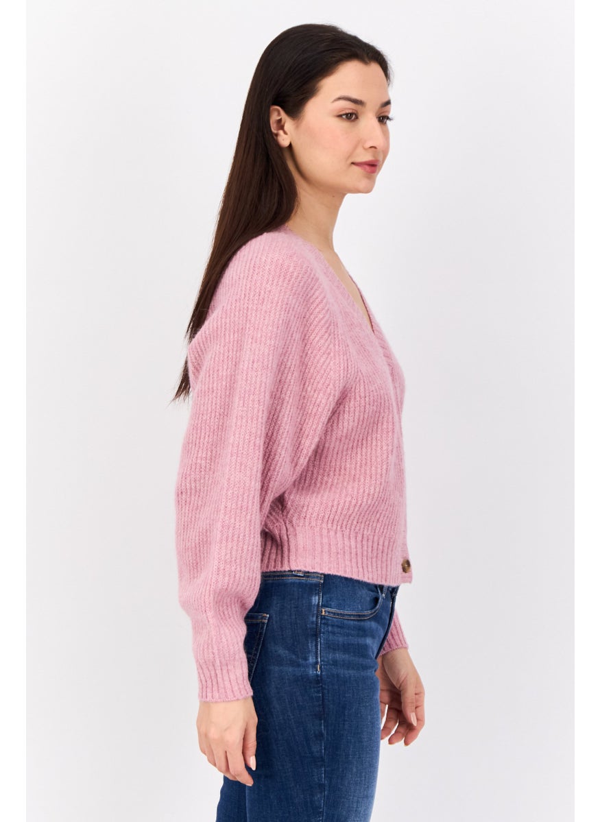 Women V Neck Knitted Cropped Cardigan, Pink