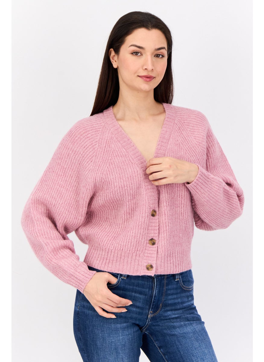 Women V Neck Knitted Cropped Cardigan, Pink