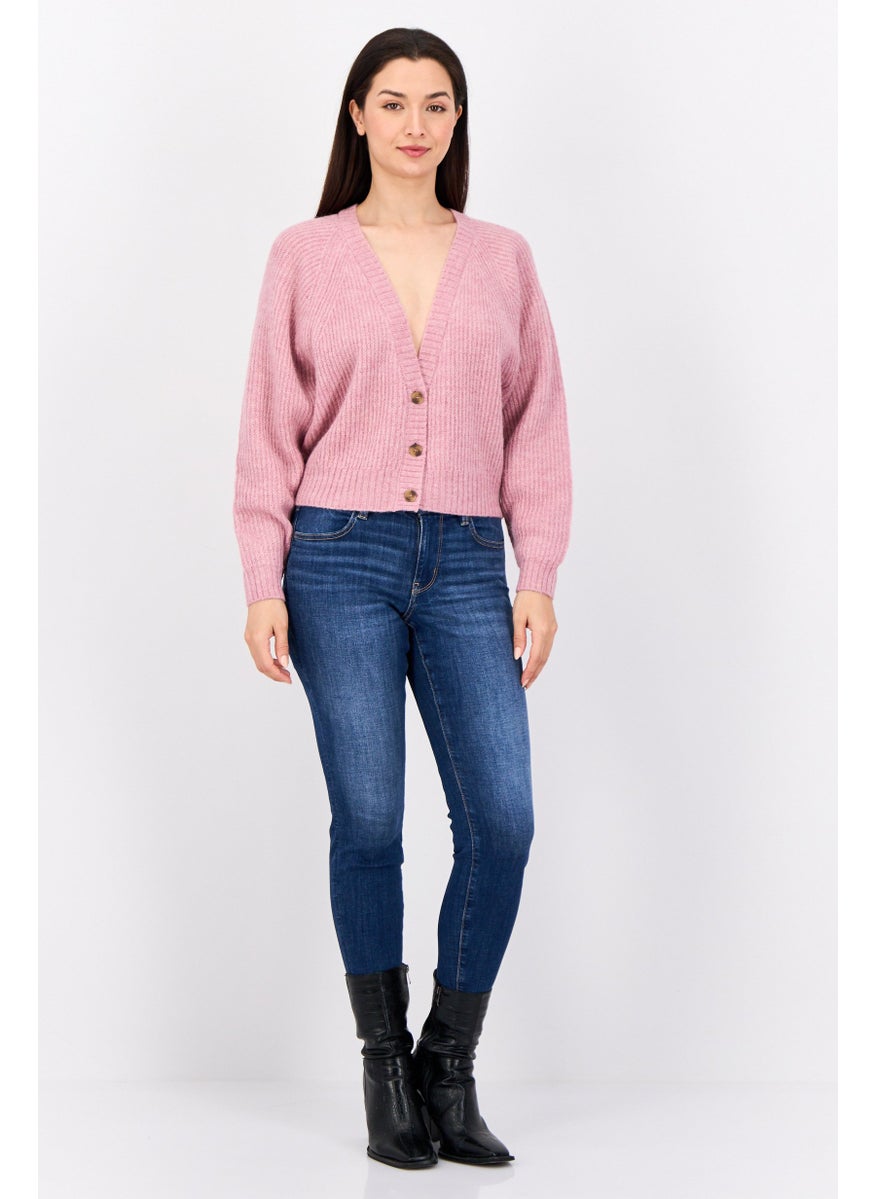 Women V Neck Knitted Cropped Cardigan, Pink