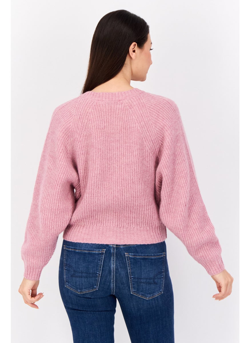Women V Neck Knitted Cropped Cardigan, Pink