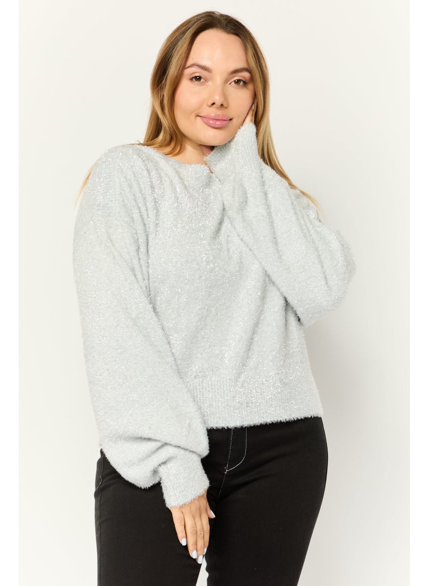 Women Boat Neck Long Sleeves Metallic Sweaters, Light Grey