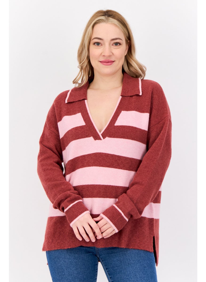 Women V Neck Knitted Sweater, Multicolour