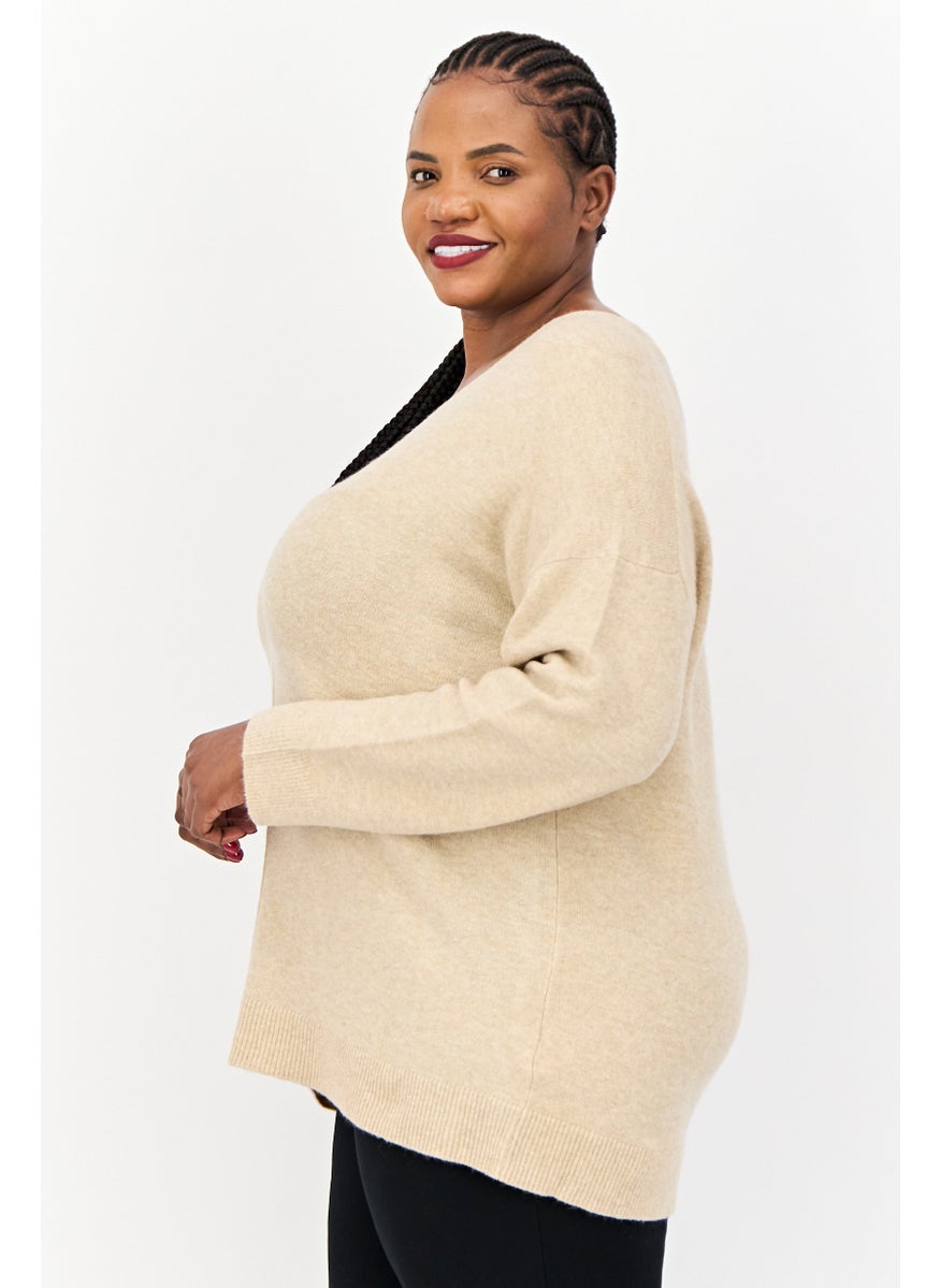 Women V-Neck Heather Sweater, Tan