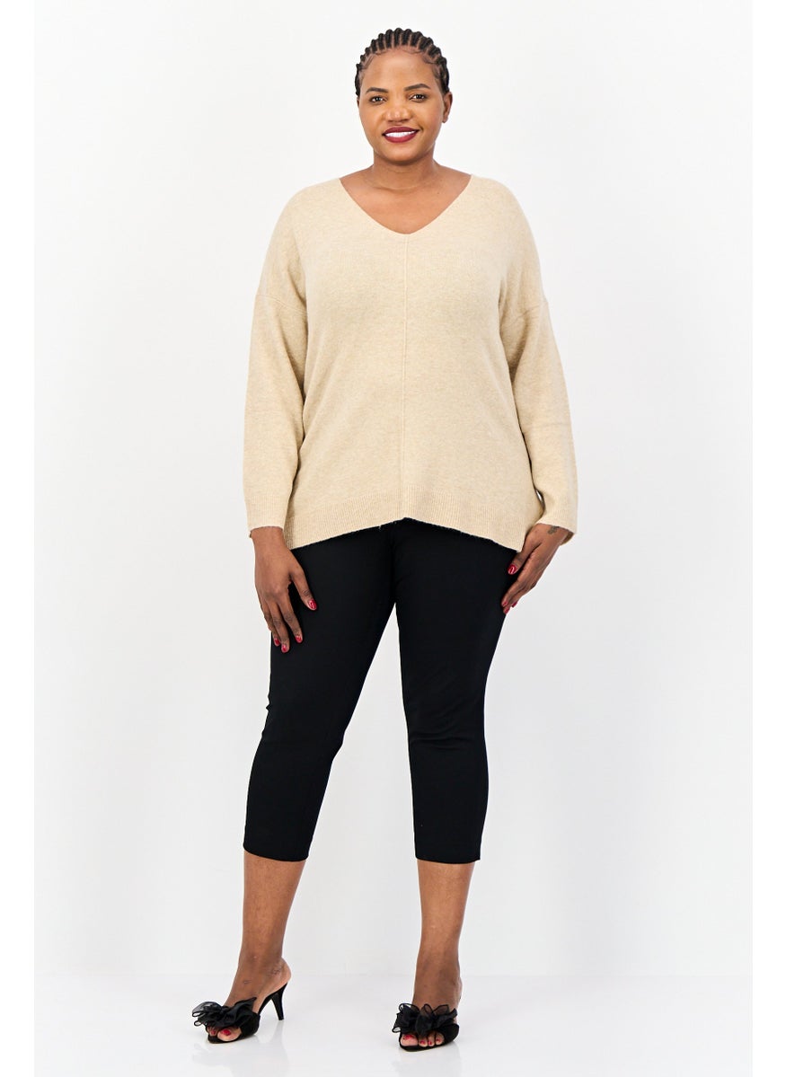Women V-Neck Heather Sweater, Tan