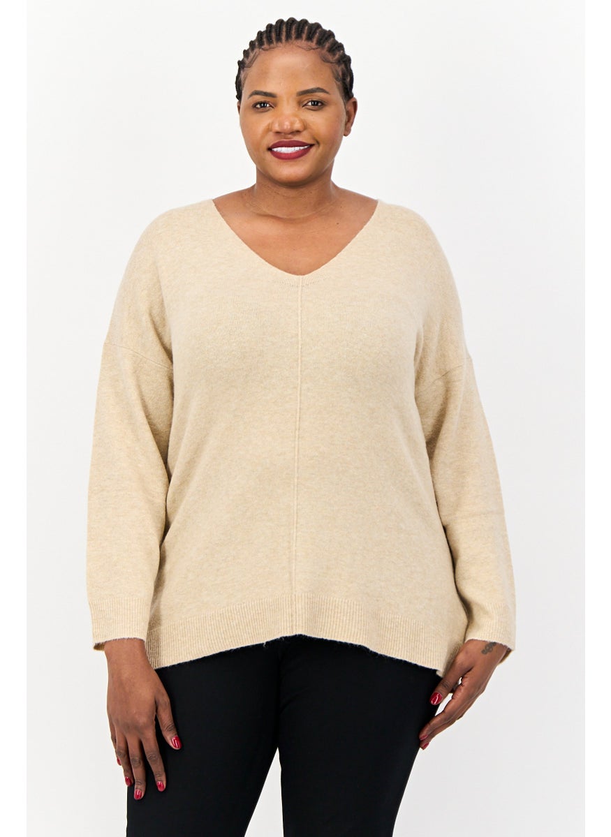 Women V-Neck Heather Sweater, Tan