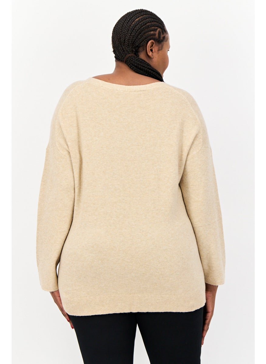 Women V-Neck Heather Sweater, Tan