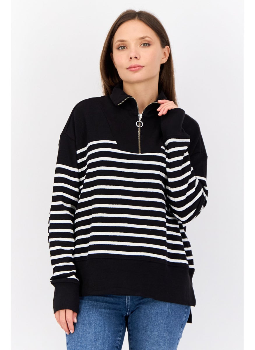 Women High Neck Yarn Dyed Half Zip Sweater, Multicolor