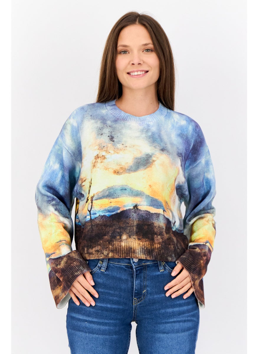 Women Ribbed Collar Graphic Printed Sweater, Multicolour