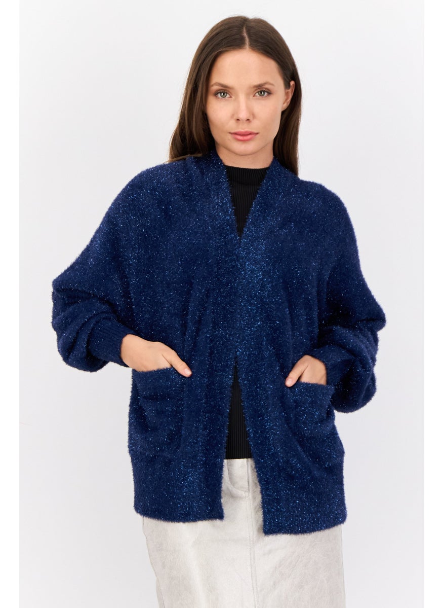 Women Oversized Fit Split Neck Metallic Cardigans, Navy