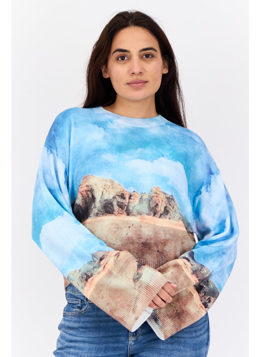 Women Ribbed Collar Graphic Printed Sweater, Multicolour