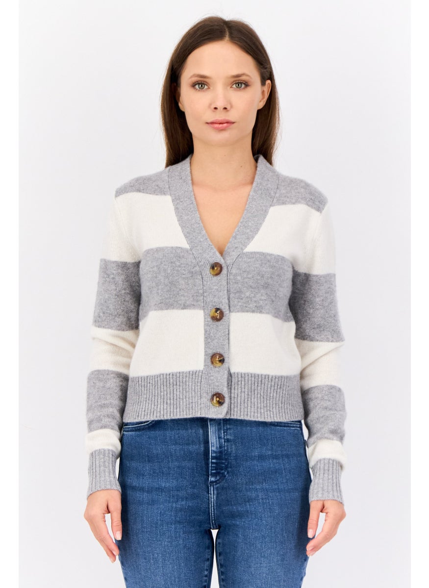 Women V Neck Yarn Dye Cardigan, Multicolor