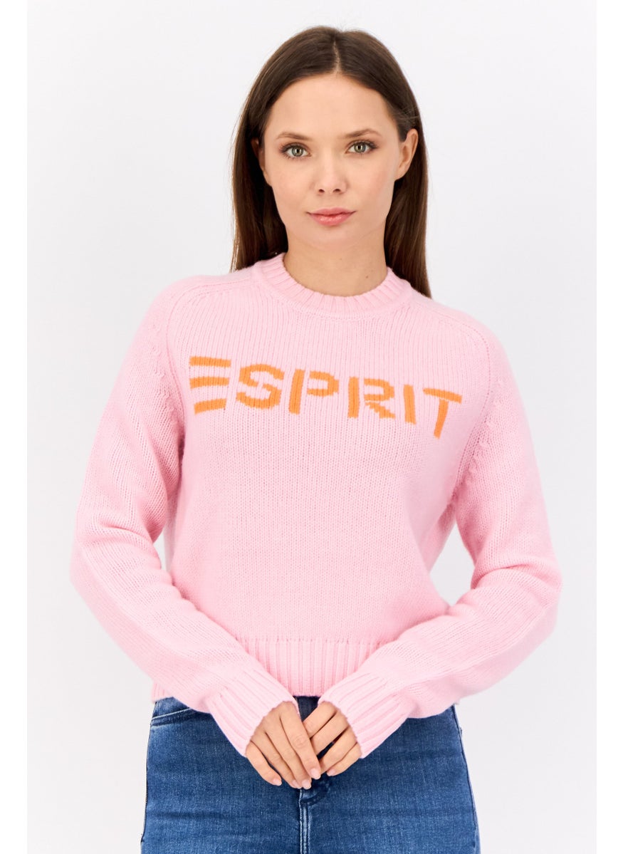 Women Crew Neck Knitted Sweater, Pink