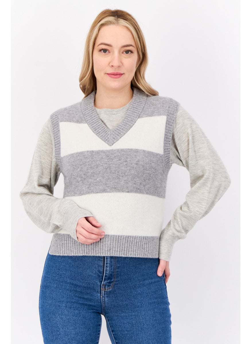Women Yarn Dye Pattern Knitted Vest, Multicolor