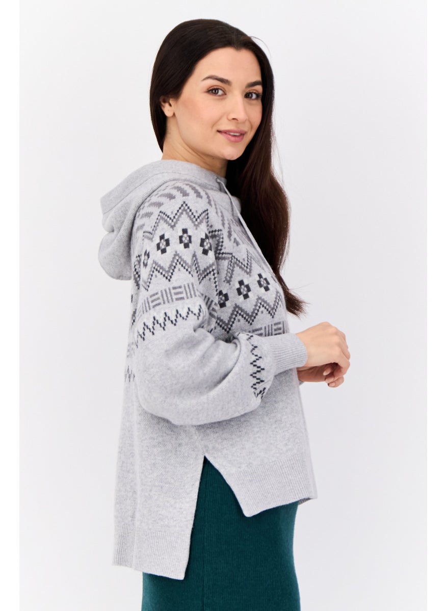 Women Hooded Hounds Tooth Sweater, Grey