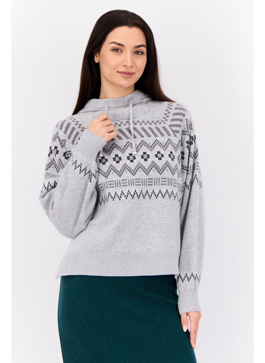 Women Hooded Hounds Tooth Sweater, Grey