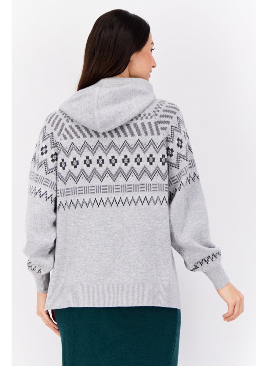 Women Hooded Hounds Tooth Sweater, Grey