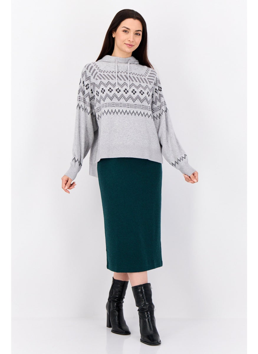 Women Hooded Hounds Tooth Sweater, Grey