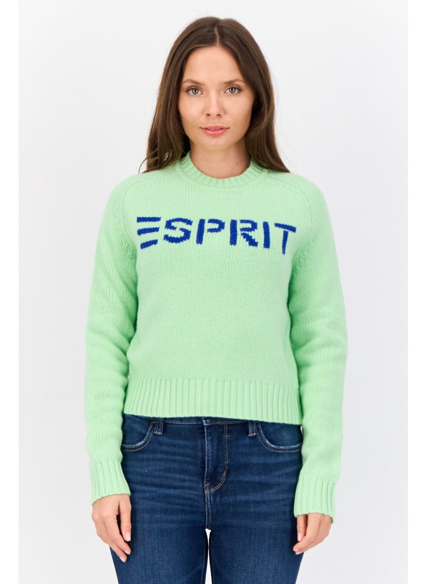 Women Crew Neck Knitted Sweater, Light Green