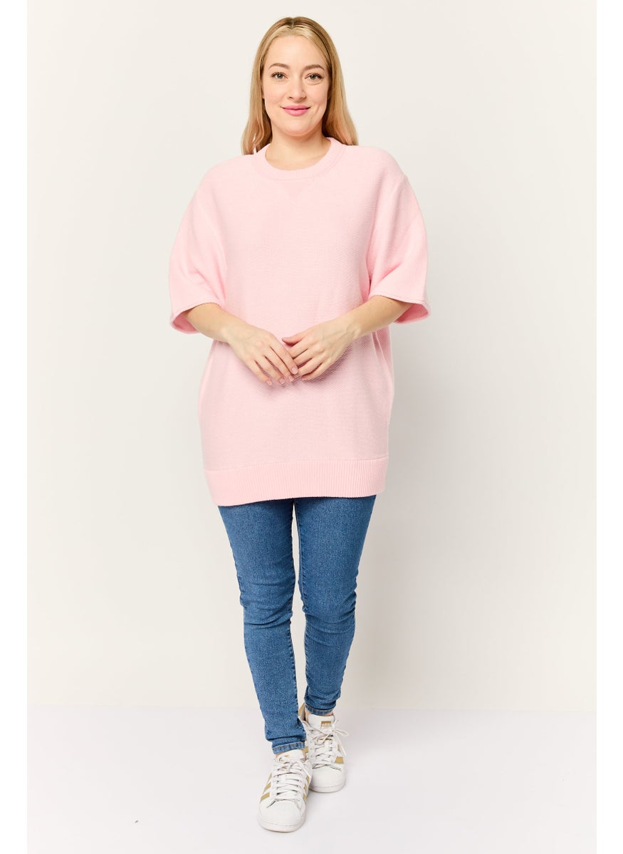 Women Crew Neck Knitted Sweater, Pink