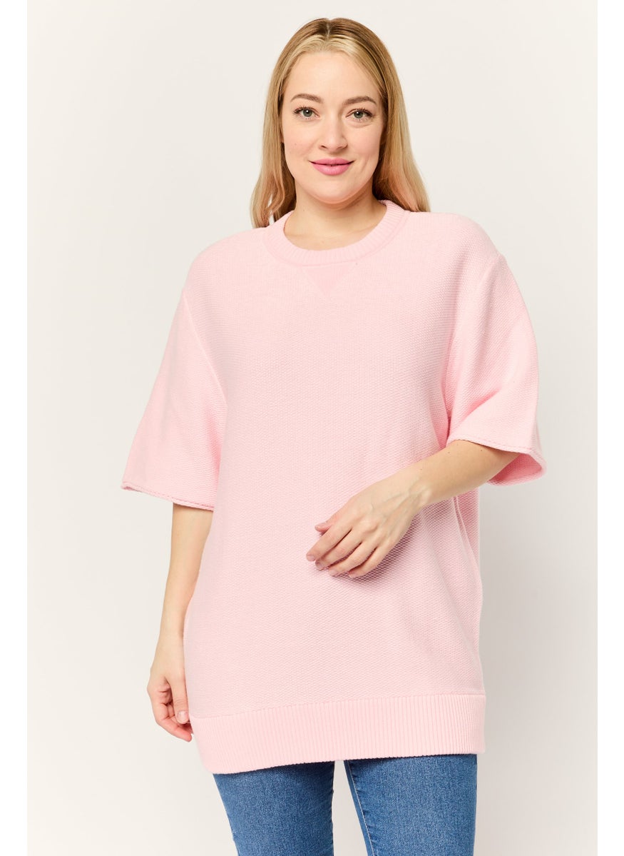 Women Crew Neck Knitted Sweater, Pink