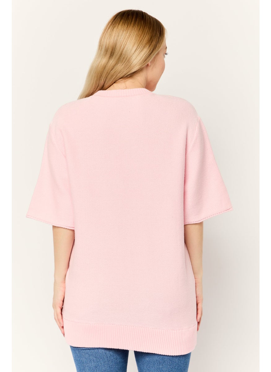 Women Crew Neck Knitted Sweater, Pink