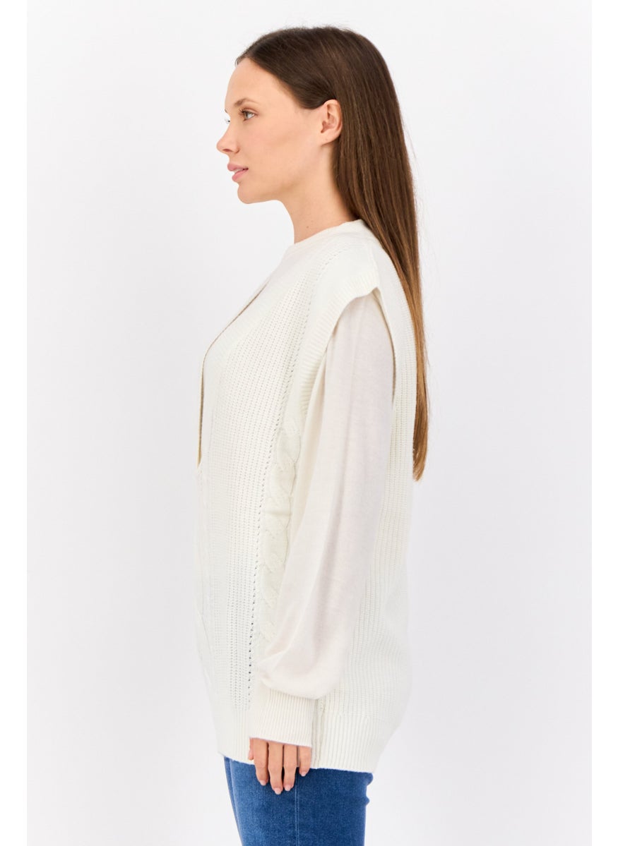 Women V-Neck Cable Knitted Sweater, Off White