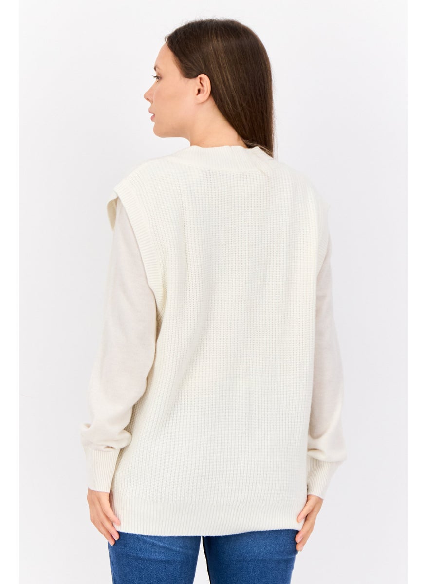 Women V-Neck Cable Knitted Sweater, Off White