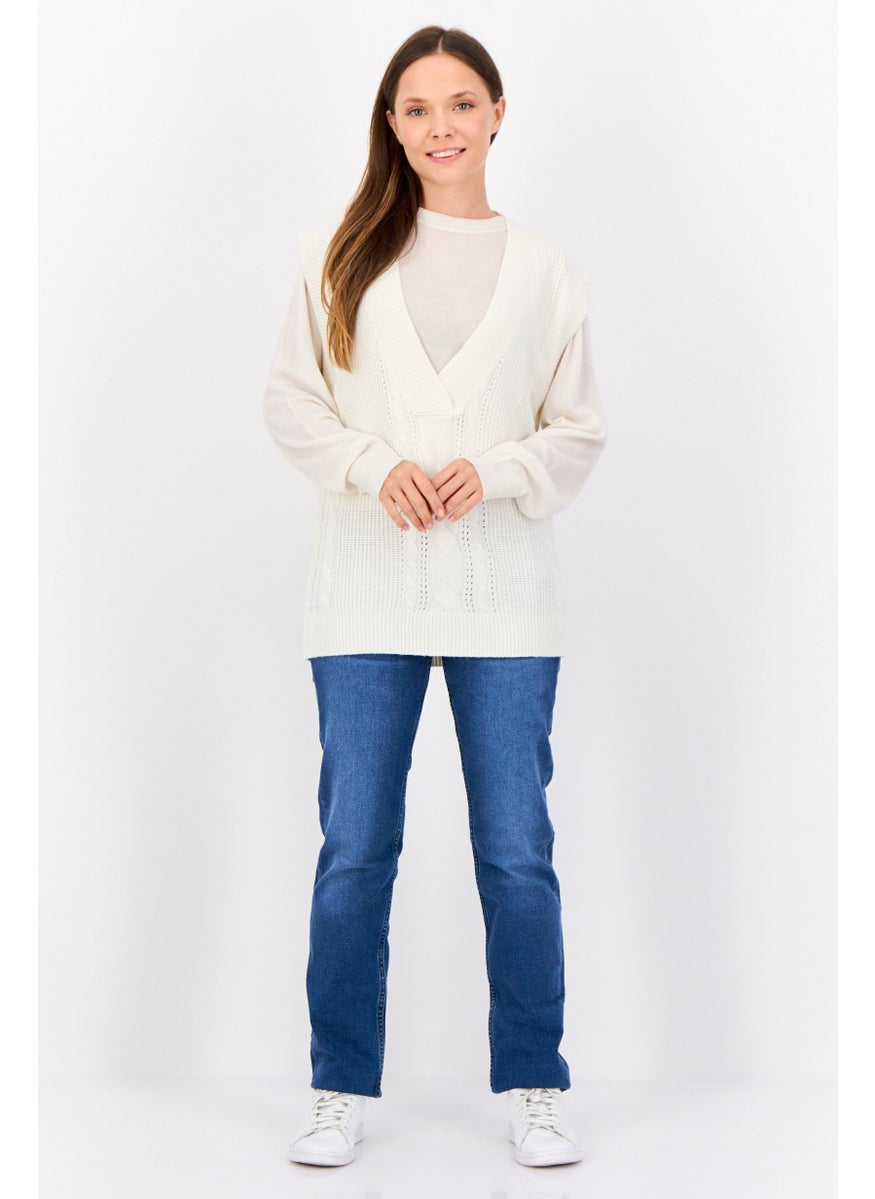 Women V-Neck Cable Knitted Sweater, Off White