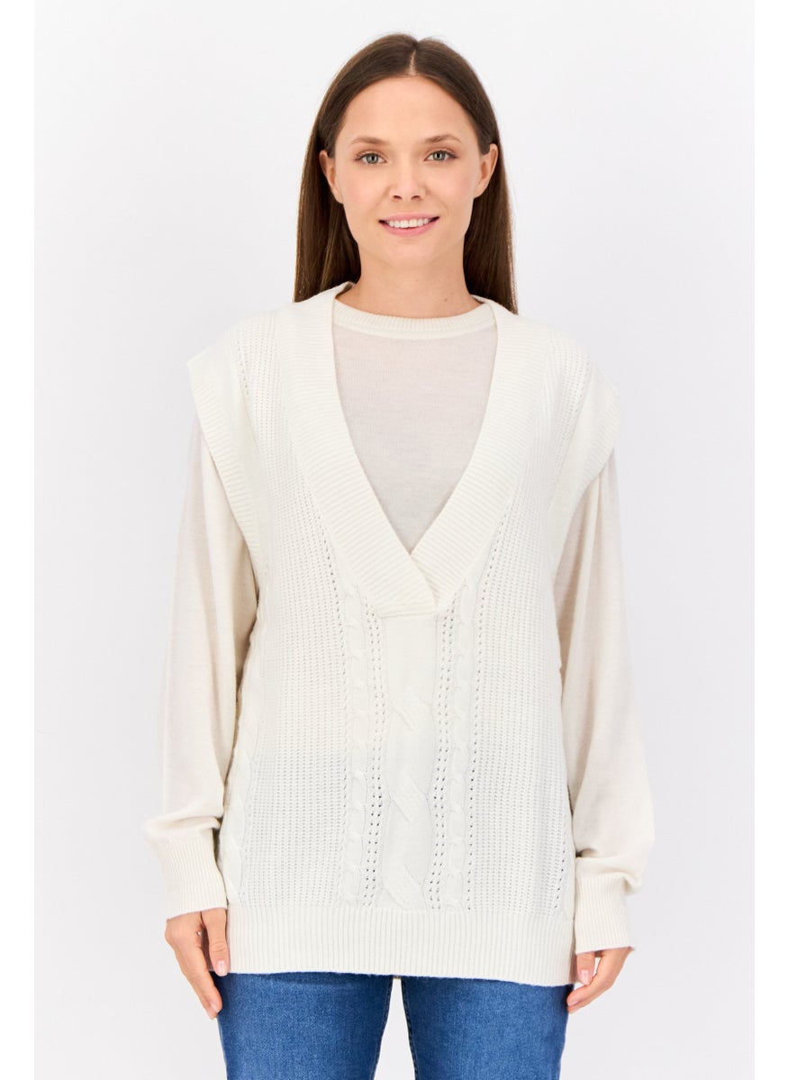 Women V-Neck Cable Knitted Sweater, Off White