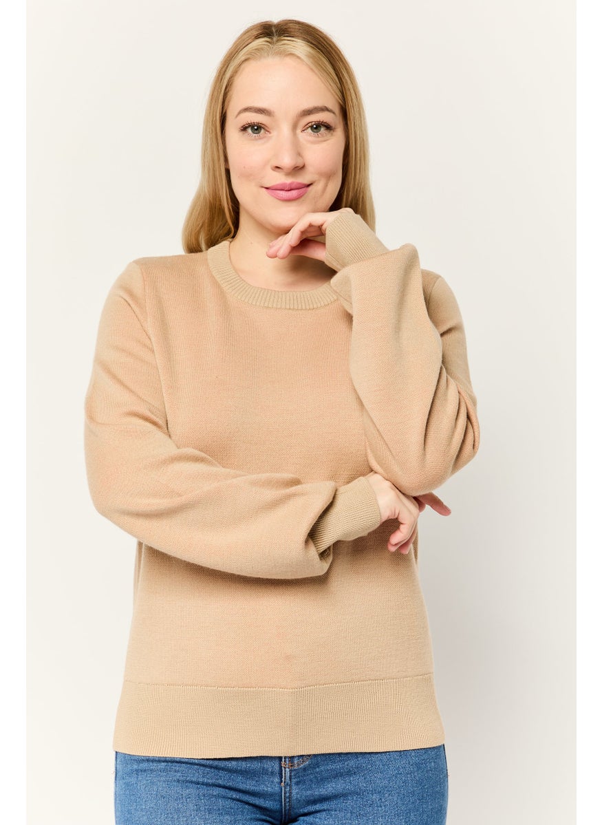 Women Ribbed Neck Long Sleeves Knitted Sweater, Dark Tan