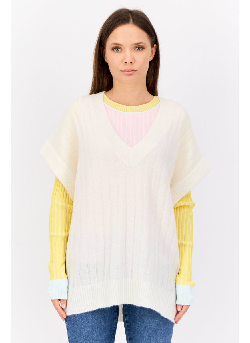 Women Oversized Fit V Neck Knitted Sweaters, White